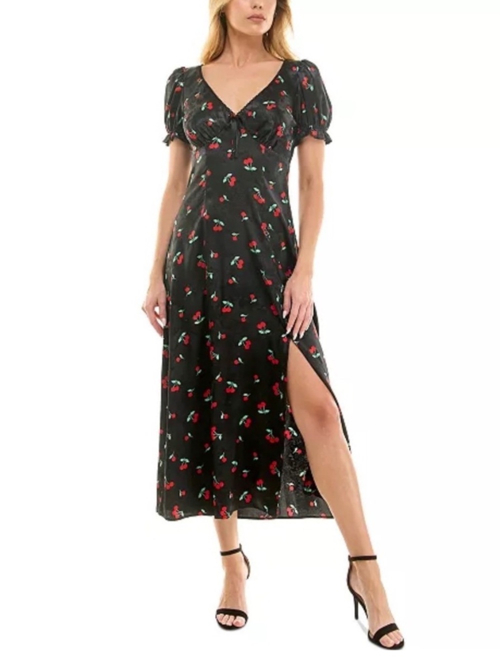 NWT Crystal Doll Black Cherry Print Satin Jacquard Midi Dress Puff Sleeve XS